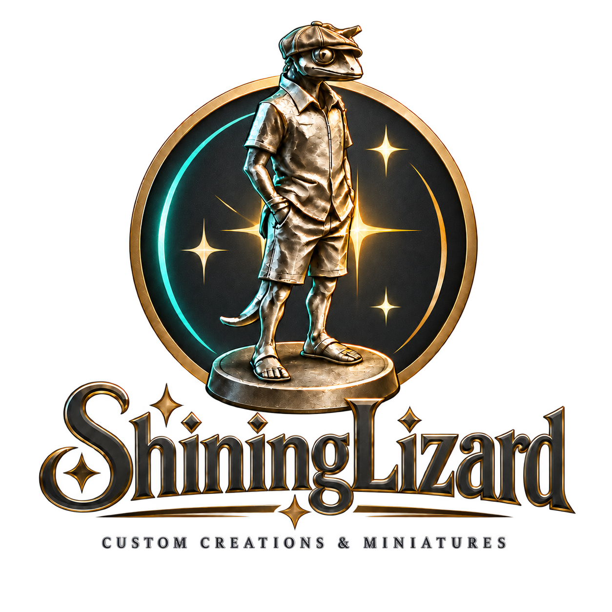 Logo original de ShiningLizard: lagarto dorado con emblema circular y lettering